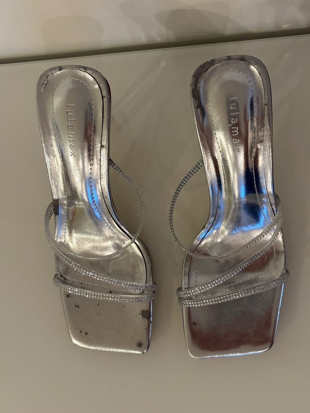 Lulamax Silver Rhinestone Clear Strappy Stiletto Mules - Picture 4 of 12
